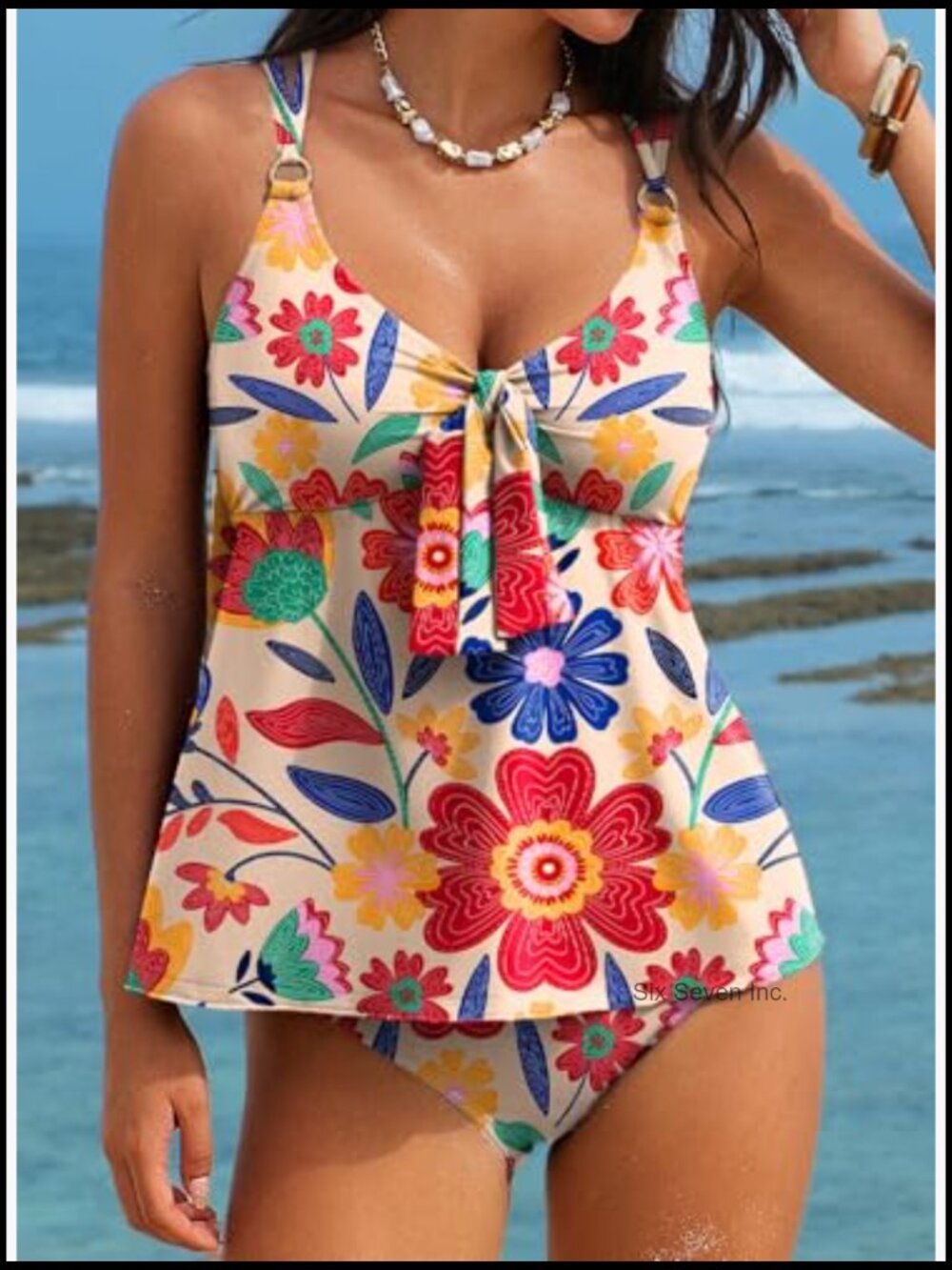 Tankini Swimsuits Tummy Control Two Piece Bathing Suit V Neck Tie Front Flowy - Picture 4 of 7